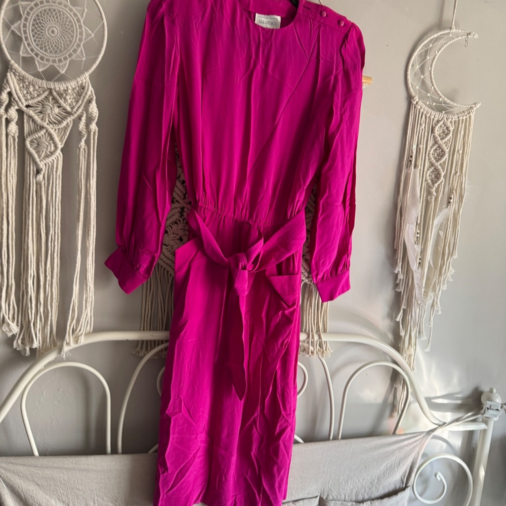 Silk Studio Vintage Fuchsia Pink 100% Silk Long Sleeve Midi Dress Size 8